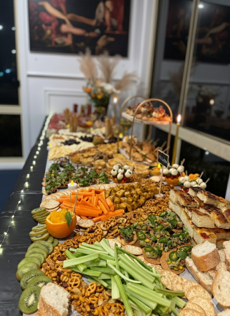 A long, beautifully arranged gourmet grazing table